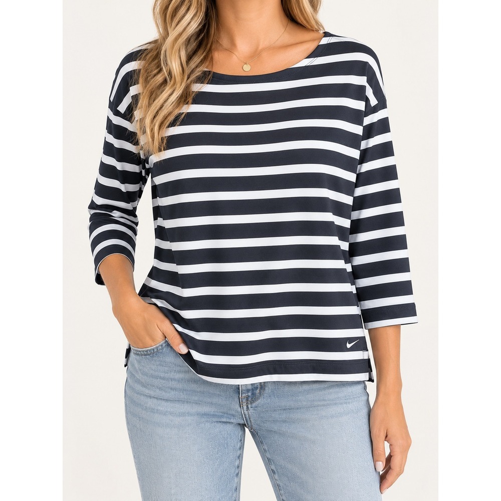 Nike Dri-FIT Striped Top Navy Blue White Boat Neck 3/4 Sleeve Swoosh Medium